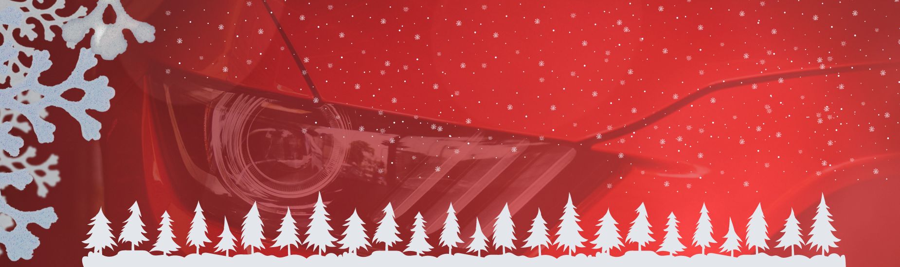 Snow covered pine trees landscape with a red car background