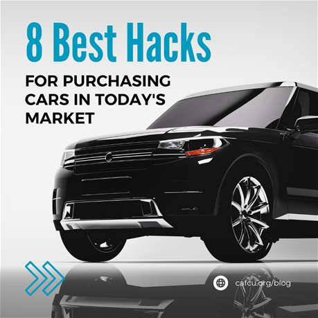 Black SUVV with test that says 8 Hacks for purchasing cars in todays market