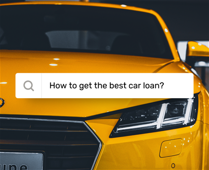 Google search box with text 8 smart steps to take when getting a car loan and nice car behind it